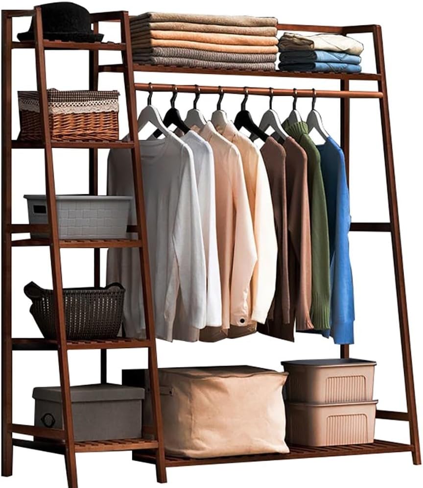 Bamboo Open Wardrobe Coat Stands with Shelves Garment Rack for Hanging Clothes Shoes and Towels Bedroom Storage Organizer with Clothing Hanging Rail X40X140cm