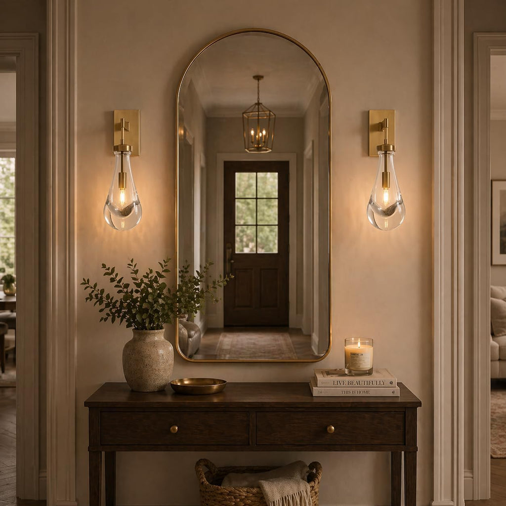 Raindrop Brass Wall Sconces Set of 2, Teardrop Glass Brushed Gold Dimmable Wall Lights with E12 Bulbs Included, Hardwired Bathroom Vanity Light for Bedroom, Living Room, Hallway, Stairway, Foyer, Home