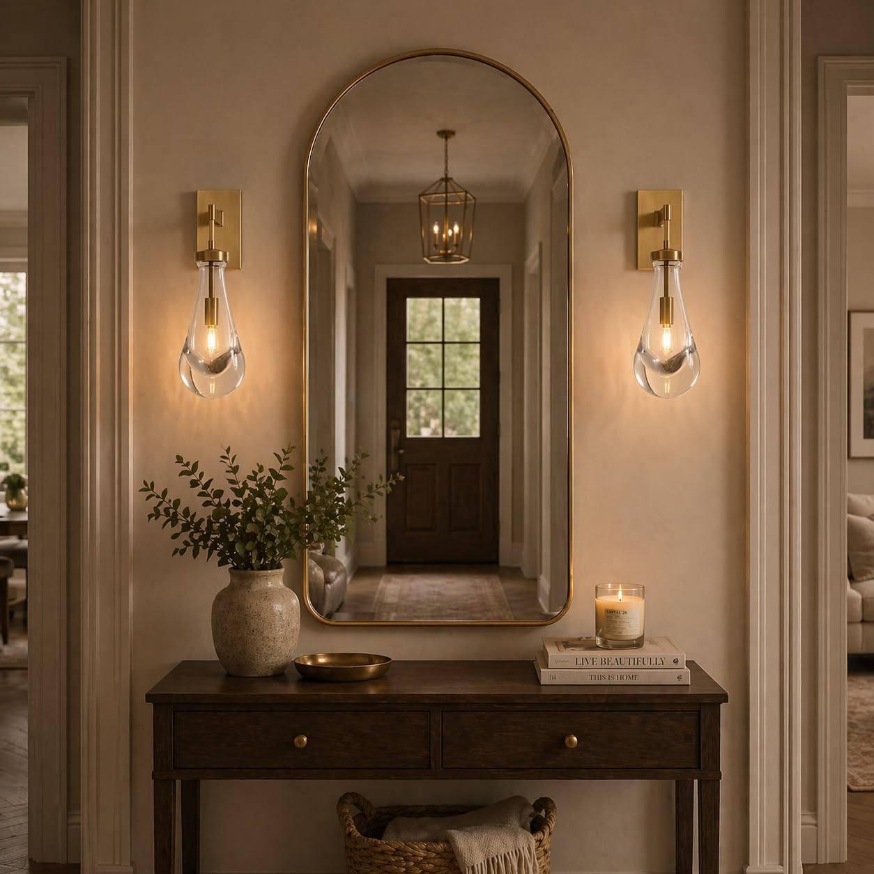 Raindrop Brass Wall Sconces Set of 2, Teardrop Glass Brushed Gold Dimmable Wall Lights with E12 Bulbs Included, Hardwired Bathroom Vanity Light for Bedroom, Living Room, Hallway, Stairway, Foyer, Home