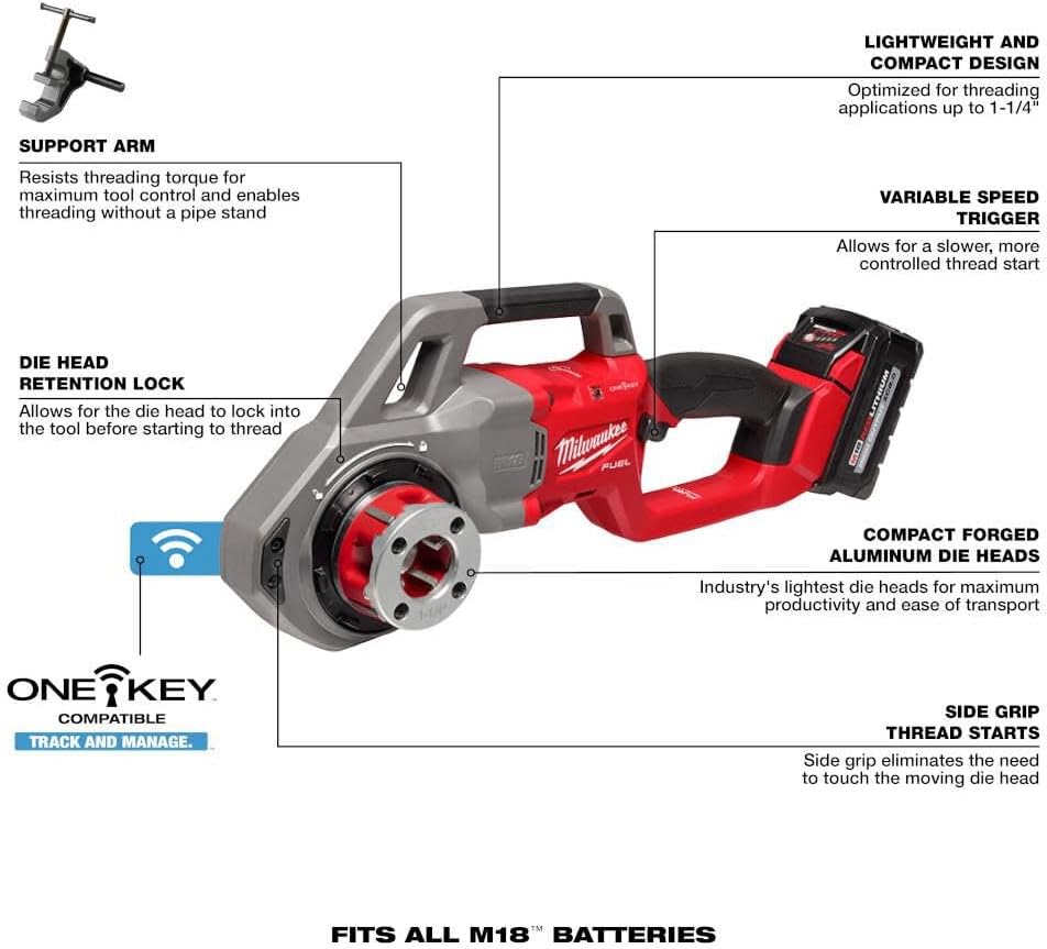 Milwaukee r M18 FUEL Compact Pipe Threader ONE KEY with 1/2inch - 1 1/4inch Die Heads + TPT Premium cart technicpinnacle