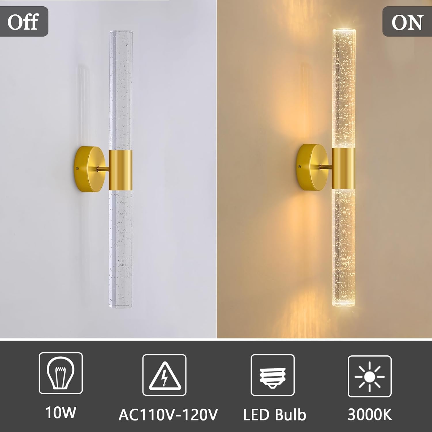 Gold Wall Sconces Set of 2 LED Modern Sconces Dining Room Wall Lighting 10W 3000K LED Wall Lights Crystal Hardwired Wall Light Fixtures for Living Room Bedroom Bathroom Hallway