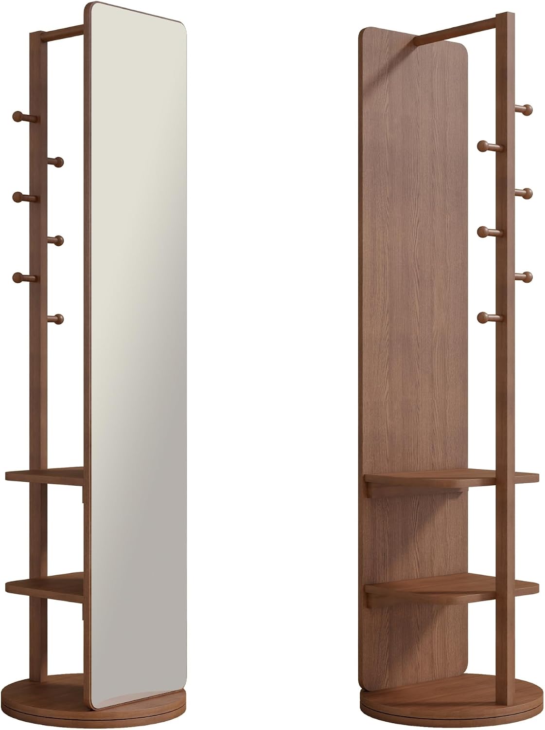 CHANCEE 360° Rotating Mirror Coat Rack, Solid Wood Standing Mirror with Storage Hooks and Shelves, Space-Saving Multifunctional Organizer for Bedroom, Living Room, or Cloakroom (Walnut)