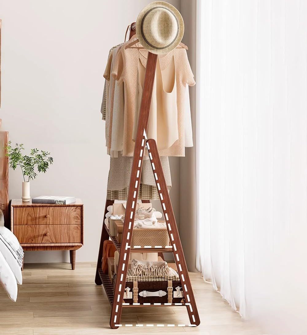 Bamboo Clothes Rail for Bedroom Storage Open Wardrobe with 2 Shelves Versatile Garment Rack for Hanging Clothes Towels Shoes & Boxes Space Saving nizer