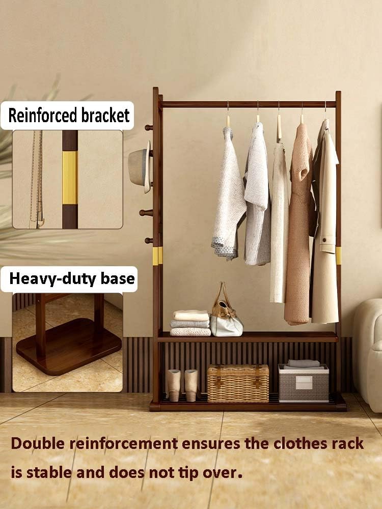 Solid Wood Clothes Rack with 2 Shelves & 4 Hooks for Hanging Clothes Wallets Hats, Garment Rack Heavy Duty Freestanding Coat Rack with Storage for Hallway Bedroom Living Room