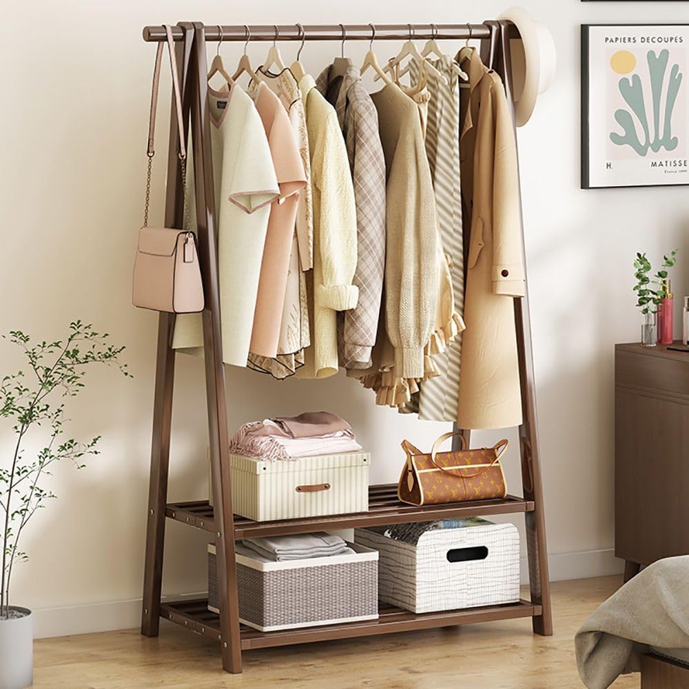 HomeLava Clothes Rack Portable Heavy Duty Garment Rack for Hanging Clothes, Free Standing Closet Organizers with 2 Tiers Shelves for Cloakroom Bedroom Laundry Room (Rustic Brown, 33.8'')