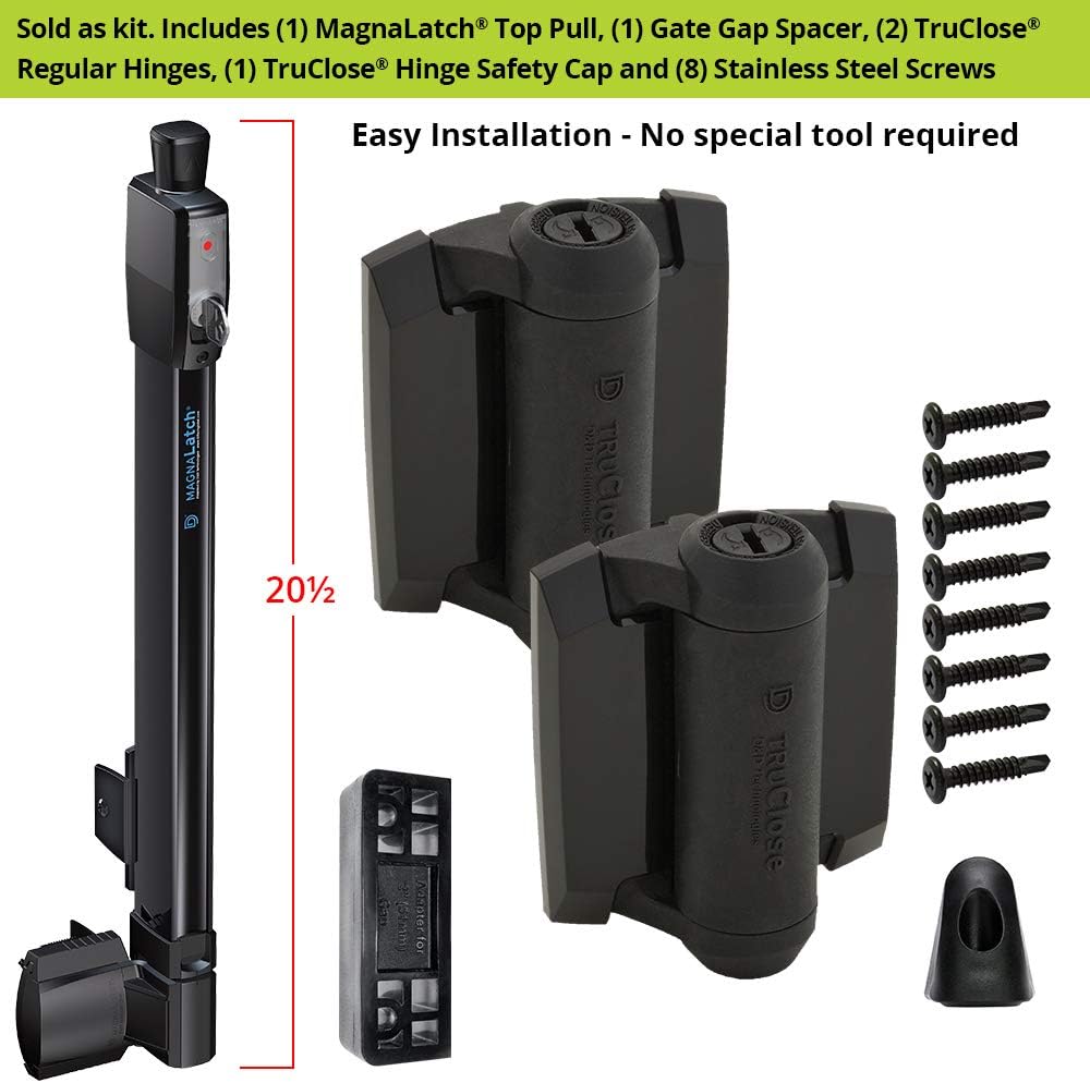 D&D Technologies MLTPTCA1CAPSPKA Pool Safety Gate Hardware Kit with MagnaLatch Top Pull 20-inch Gate Latch, Self-Closing TruClose Hinges and Safety Cap for Child Protection & Spacer for 2' Gate Gaps