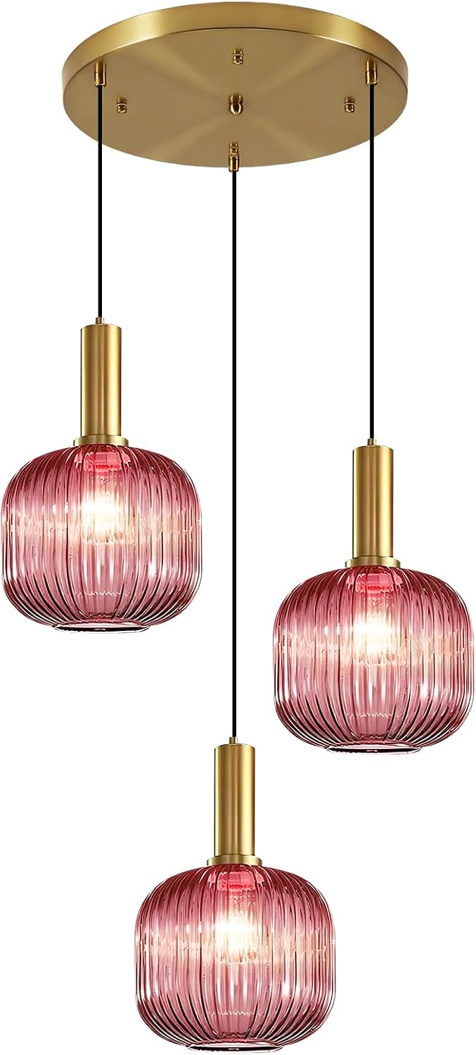 Girl Room Pink Glass Pendant Chandelier Mid Century Glod 3-Light Hanging Light Farmhouse E26 Base for Bedside Dining Table Foyer