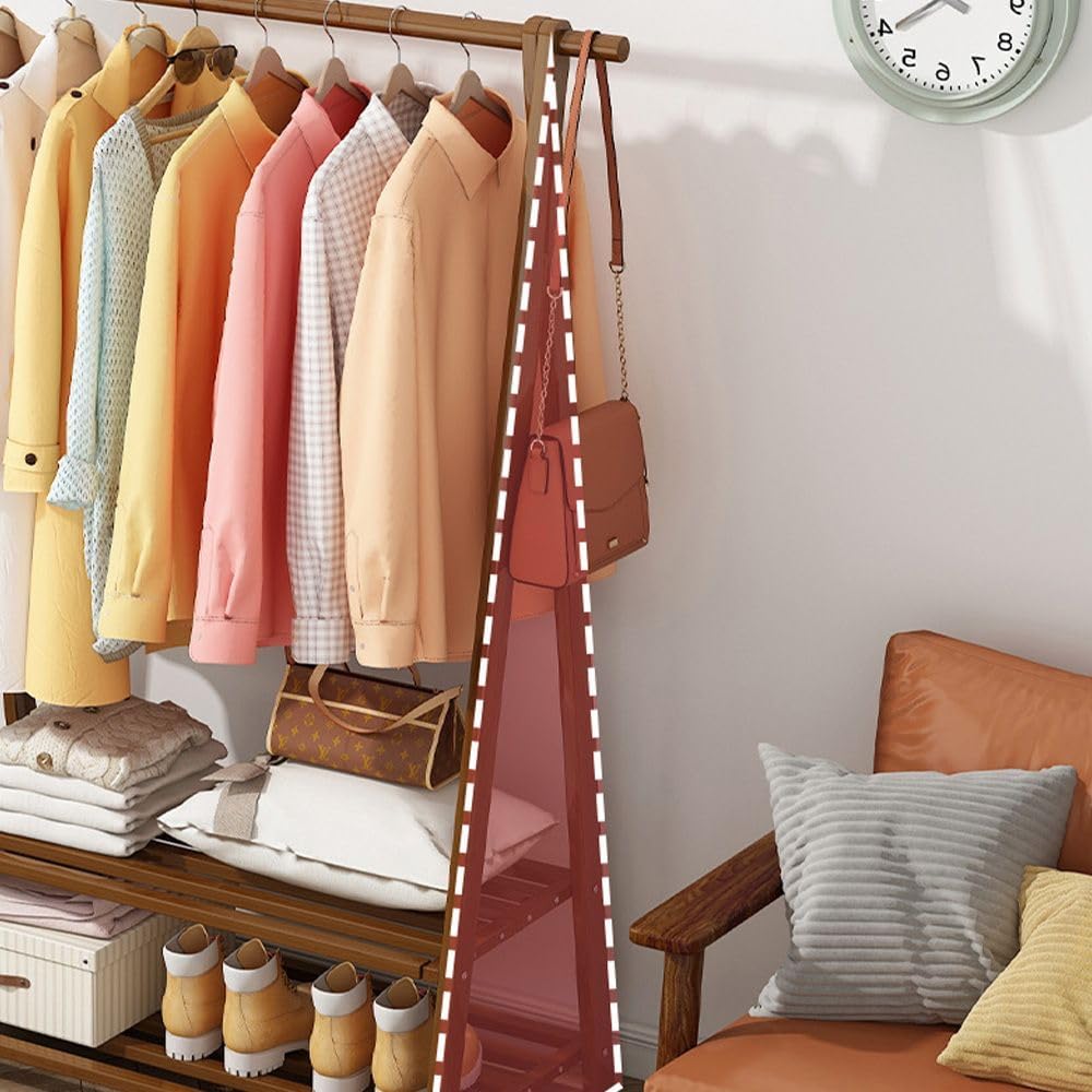 HomeLava Clothes Rack Portable Heavy Duty Garment Rack for Hanging Clothes, Free Standing Closet Organizers with 2 Tiers Shelves for Cloakroom Bedroom Laundry Room (Rustic Brown, 33.8'')