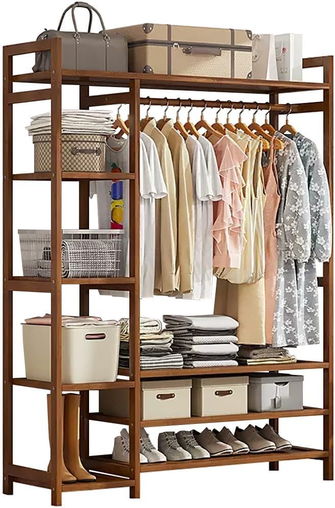 Bamboo Freestanding Coat Garment Rack with Hanging Rod 2 Shelves and Hooks Open Wardrobe Clothing Storage nizer for Bedroom Hallway Natural Wood Finish