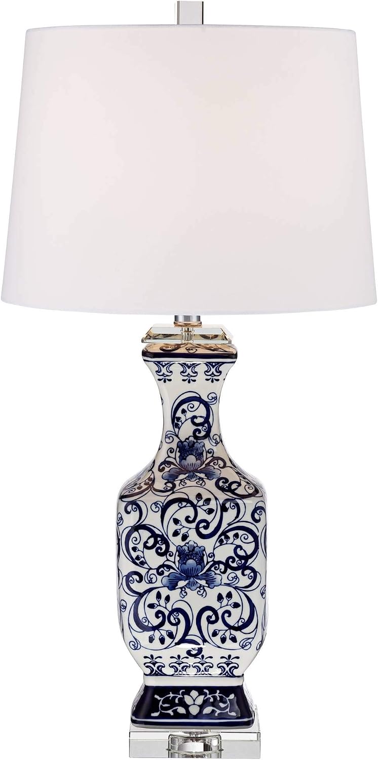 Barnes and Ivy Iris Vintage Asian Chinese Style Table Lamp 28' Tall Porcelain Blue Floral Jar Geneva White Drum Shade Cottage Core Decor for Living Room Bedroom House Bedside Nightstand Home Office