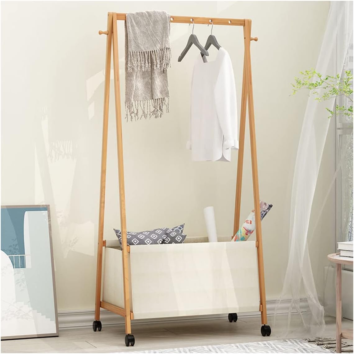 Bamboo Garment Rack Coat Clothes Hanging with 4-Tire Box Racks with Clothing Storage Organizer for Entryway and Bed Room/80Cm