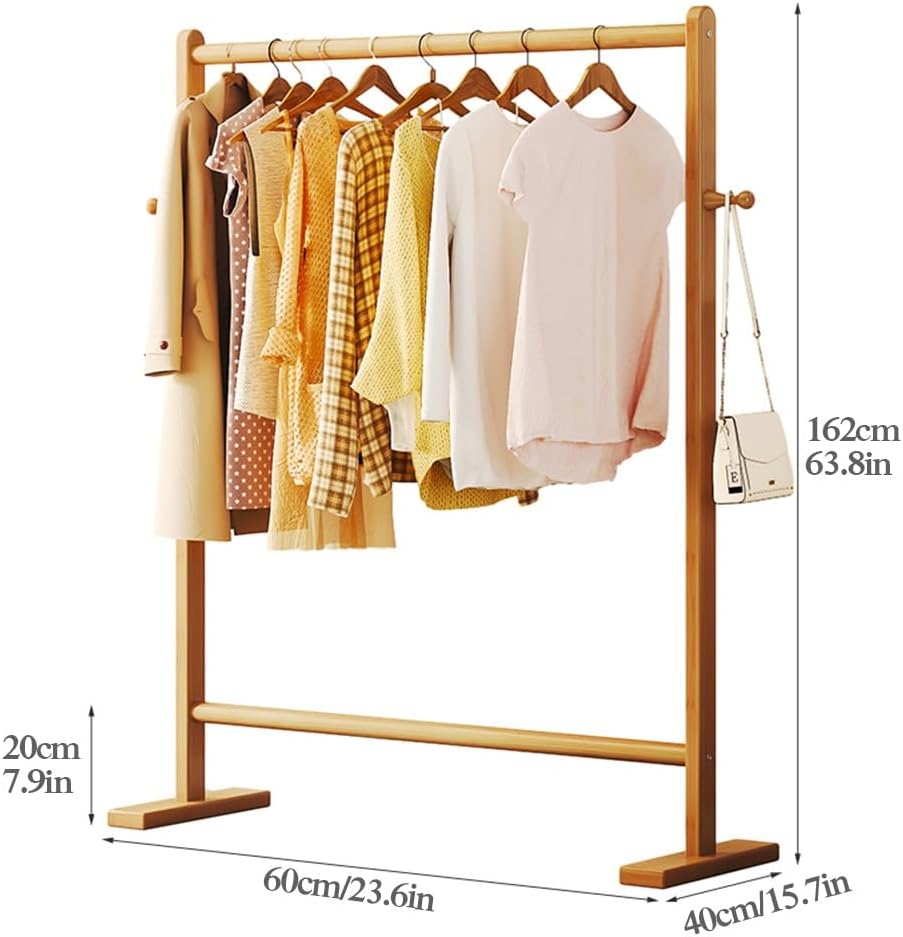 Bamboo Clothing Garment Rack with Side Hooks, Freestanding Clothes Rail for Hanging Clothes, Clothes Organizer for Bedroom, Laundry Room (Color : Natural, Size : 60x40x162cm)