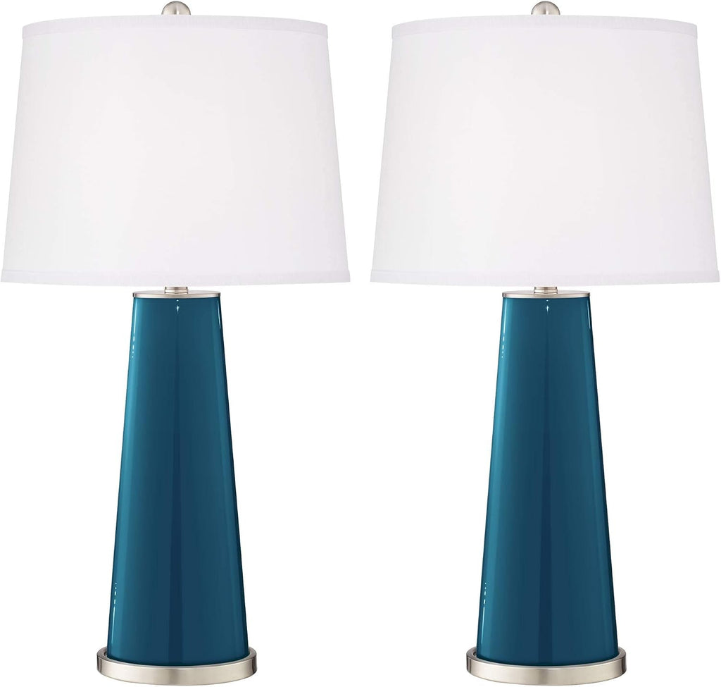 Color + Plus Leo 29 1/2' Tall Cylinder Modern Coastal End Table Lamps Set of 2 Oceanside Blue Brushed Nickel Finish Glass White Shade Living Room Bedroom Bedside Nightstand House Office Home Reading