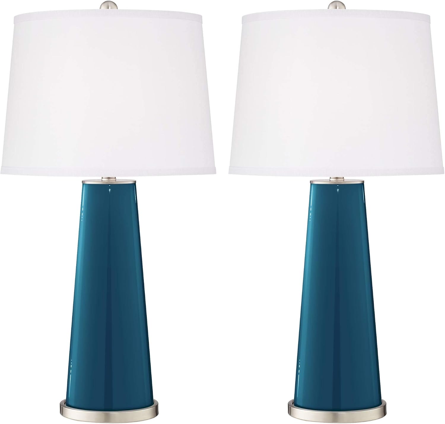 Color + Plus Leo 29 1/2' Tall Cylinder Modern Coastal End Table Lamps Set of 2 Oceanside Blue Brushed Nickel Finish Glass White Shade Living Room Bedroom Bedside Nightstand House Office Home Reading