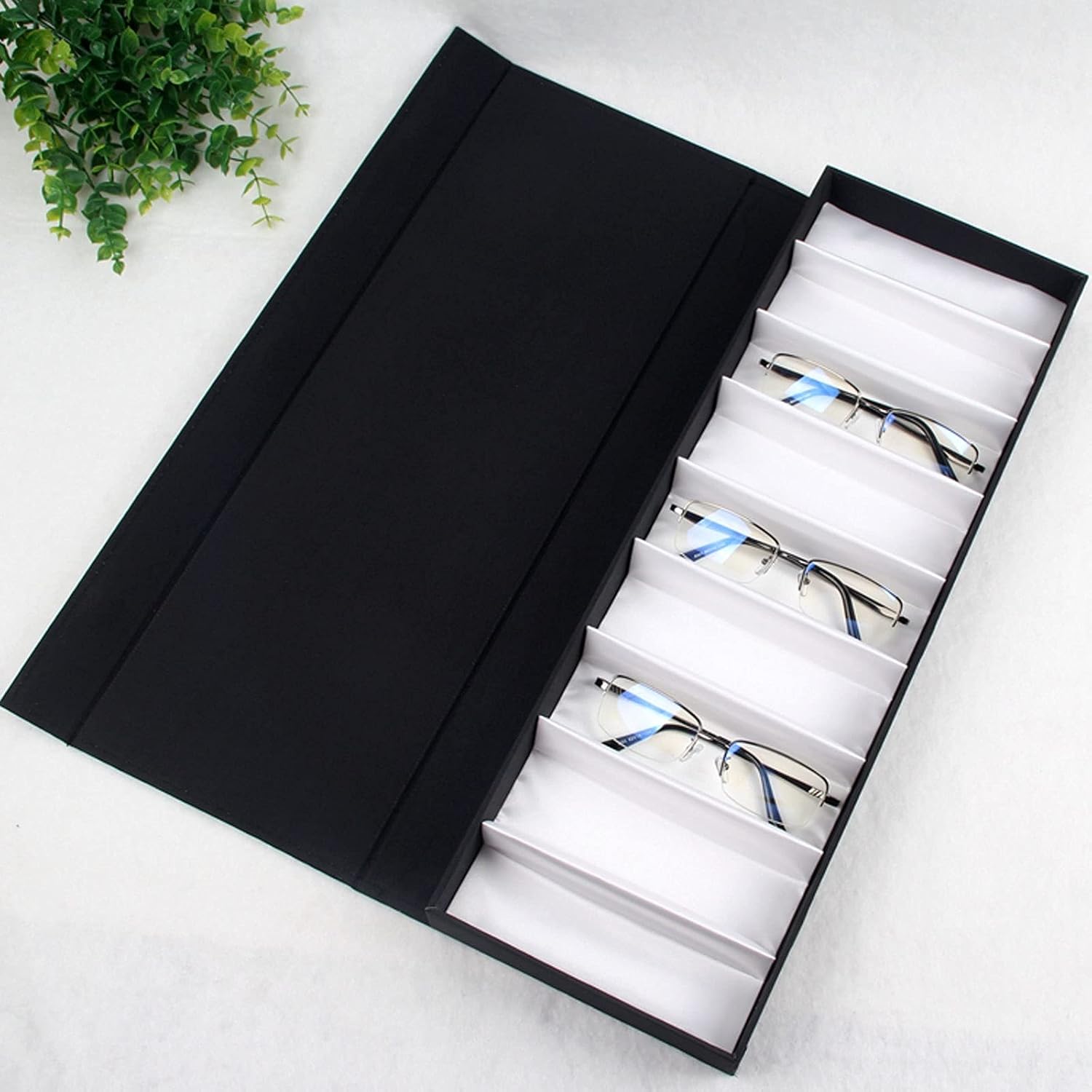 Eyeglass Displays Eyeglasses Organizer Case 9 Slots - Black Glasses Storage Box Eyewear Tray Holder Display Box with Lid, Suitable for Small Glasses Display Risers