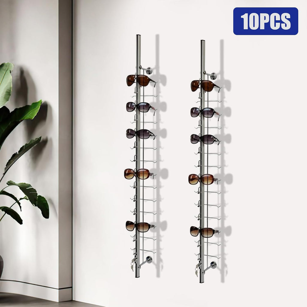 Sunglasses Rack Organizer, 10PCS Aluminum Wall Mount Eyeglasses Rack, Silver Sunglasses Rack Holder Eyeglasses Display Stand for Exhibition Display, Shop Display, Personal Storage (14 Pairs)