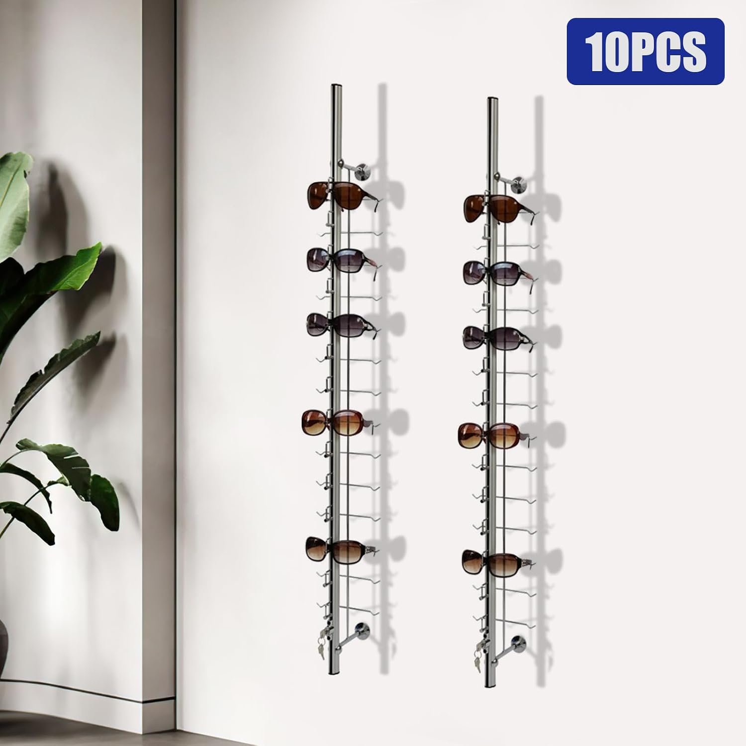 Sunglasses Rack Organizer, 10PCS Aluminum Wall Mount Eyeglasses Rack, Silver Sunglasses Rack Holder Eyeglasses Display Stand for Exhibition Display, Shop Display, Personal Storage (14 Pairs)