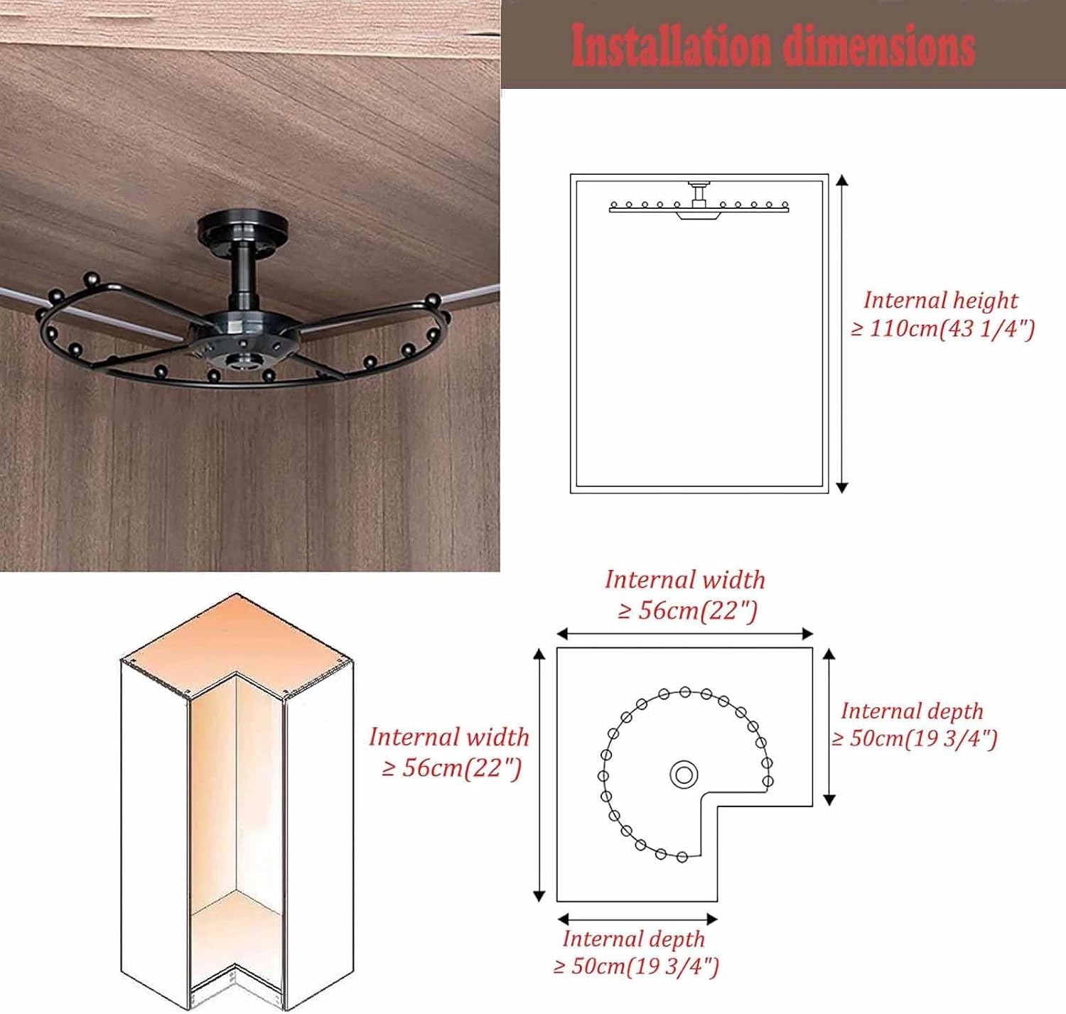 360° Rotating Corner Closet Rod - Heavy Duty Metal Round Clothing Brackets for Hanging Clothes, Space Saving Wardrobe Organizer for Cloakroom, 20.47in (Champagne Gold)