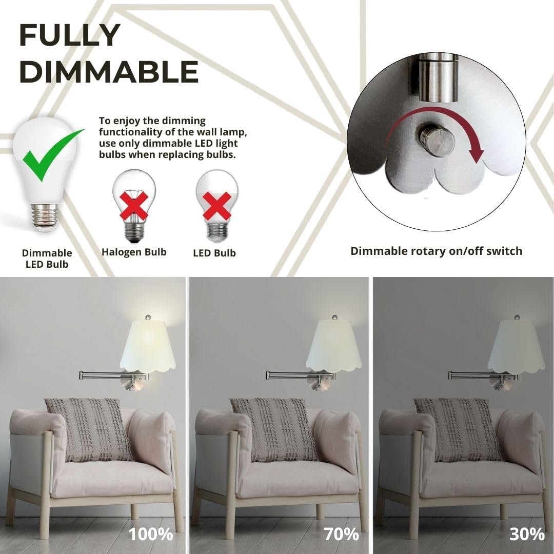 Royal Designs, Inc. Set of 2 Scalloped Swing-Arm Dimmable Wall Lamp - Brushed Nickel Lamp with Linen Eggshell Scallop Hardback Lampshade