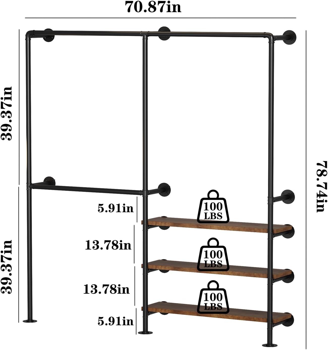 Industrial Pipe Clothes Rack, Wall Mounted Clothing Rack with Shelves, Heavy Duty Closet Organizers Wardrobe Multi-Purpose Storage Clothes Hanging Shelf-70.8''L Black
