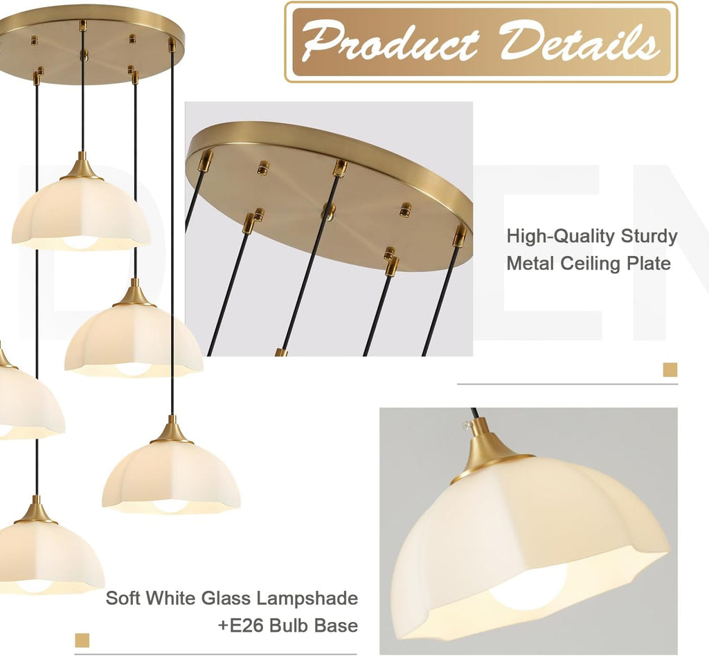 Modern 5 Light Brushed Gold Pendant Lighting Mid Century Milk Glass Cluster Pendant Lights Kitchen Island Adjustable Brass Hanging Chandelier Vintage White Ceramic Light Fixture MPL17-5R GD