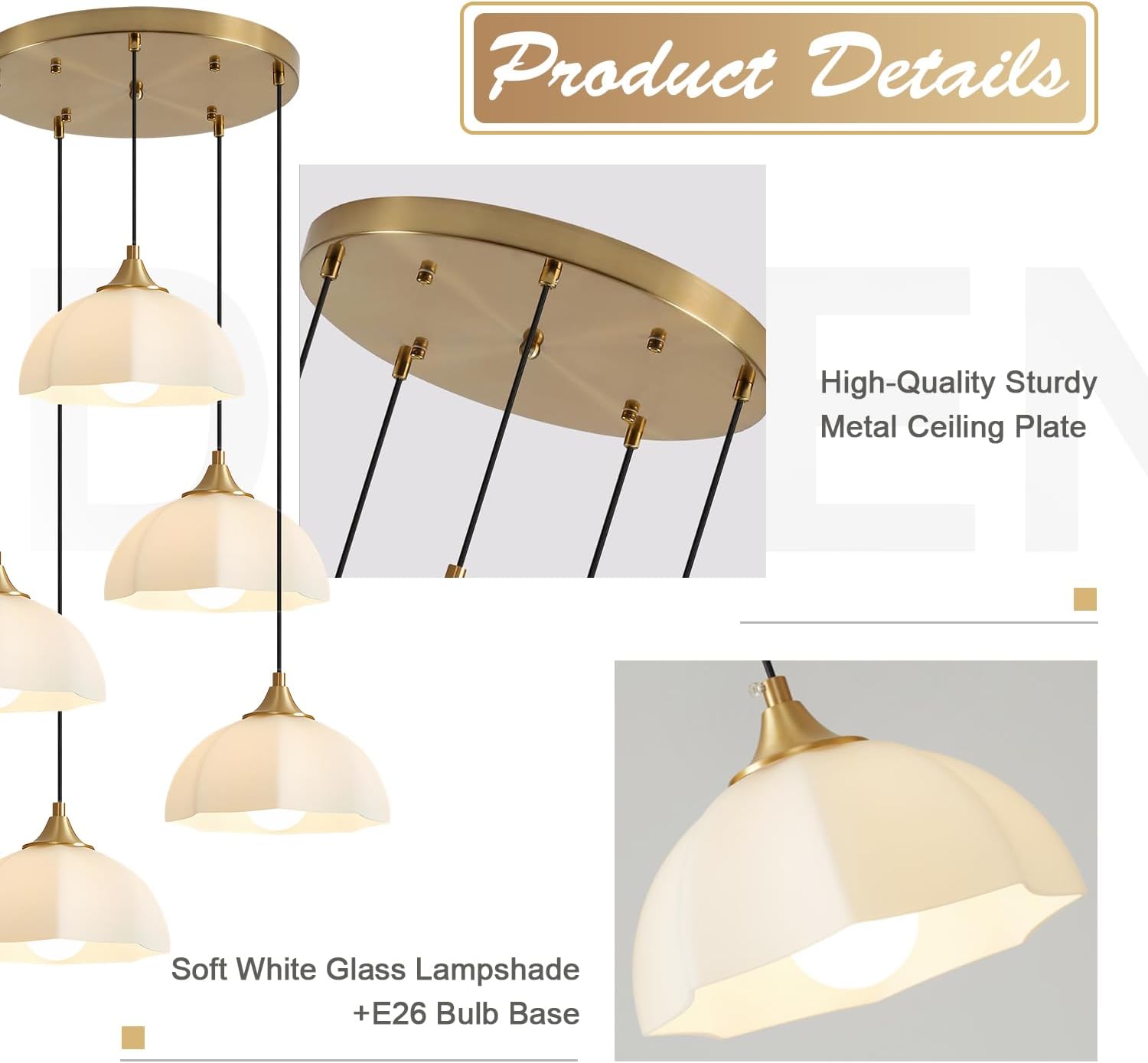 Modern 5 Light Brushed Gold Pendant Lighting Mid Century Milk Glass Cluster Pendant Lights Kitchen Island Adjustable Brass Hanging Chandelier Vintage White Ceramic Light Fixture MPL17-5R GD