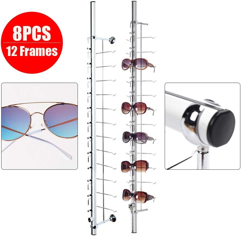 8 Pack Wall-Mounted Eyeglasses Holder Stand Aluminium Lockable Sunglasses Eyeglasses Eyewear Display Rack Rod for 12 Frames 1.1m/43.3in