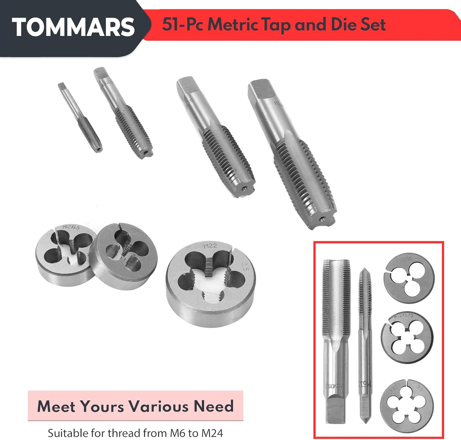TOMMARS 51-Pc M6 to M24 Jumbo Tap and Die Set Metric Round Threading Dies & 51-Pc 1/4-20 to 1-14 Jumbo Tap and Die Set SAE Round Threading Dies