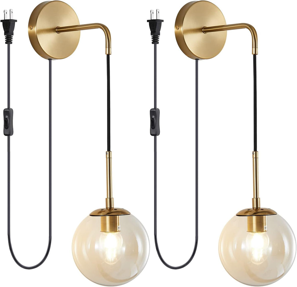 KCO Lighting Modern Plug in Wall Sconce Set of 2 Gold Glass Globe Bathroom Wall Sconce Mid Century Adjustable Wall Lamp Plug in for Corridor Bedroom Entryway (Amber & 2-Pack)
