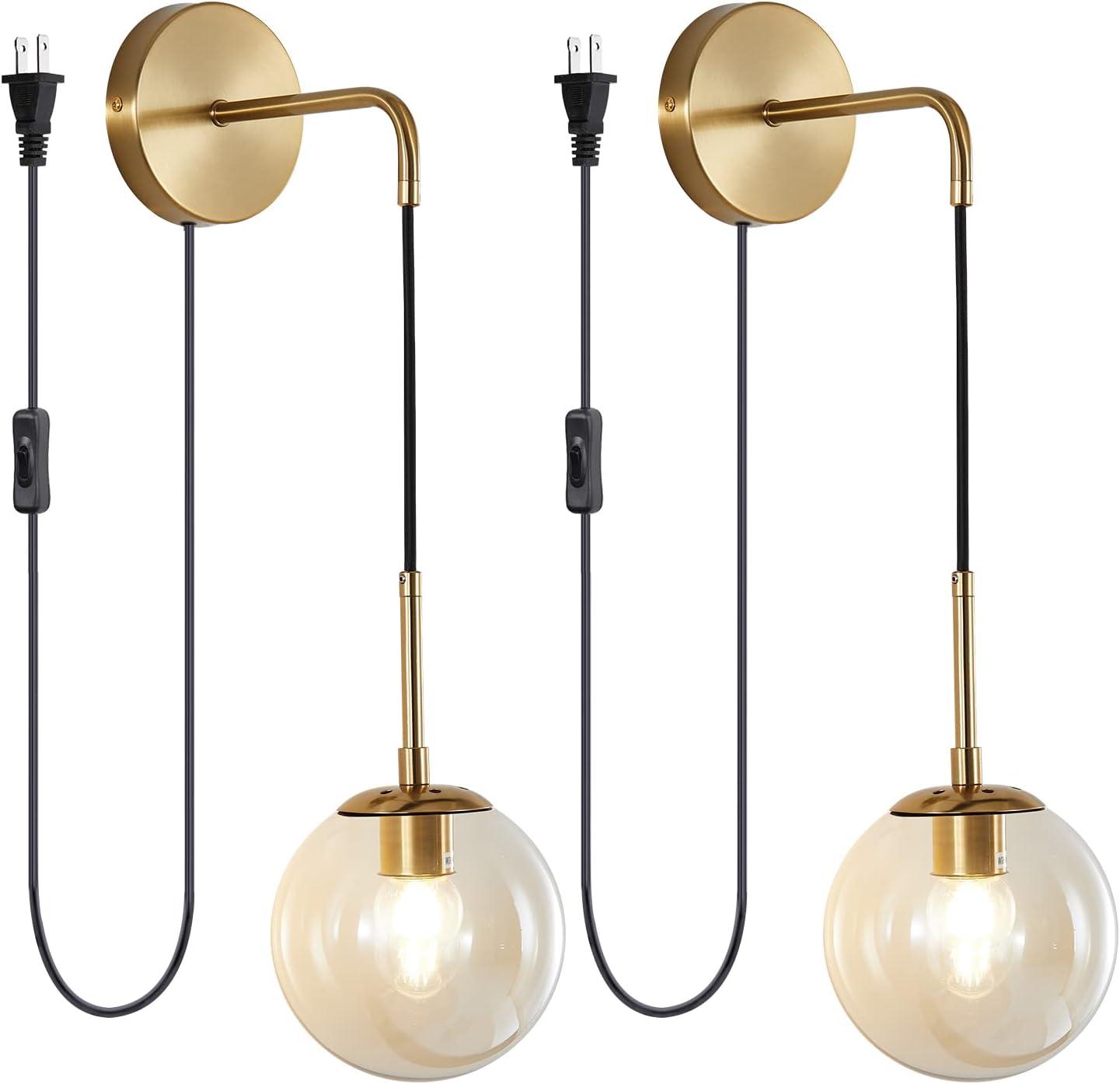 KCO Lighting Modern Plug in Wall Sconce Set of 2 Gold Glass Globe Bathroom Wall Sconce Mid Century Adjustable Wall Lamp Plug in for Corridor Bedroom Entryway (Amber & 2-Pack)