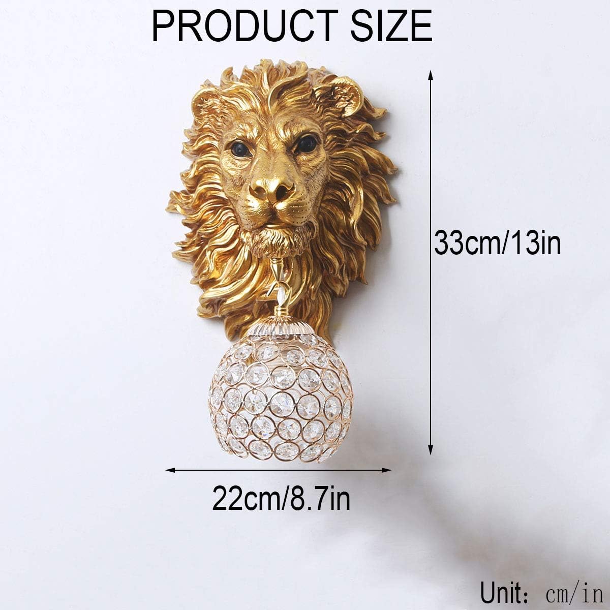 Gold Lion Head Wall Sconces Set of 2, Modern Luxury Crystal Globe Wall Lamp, Resin Animal Head Decorative Wall Mounted Light Fixtures for Living Room Bedroom Hallway Entryway