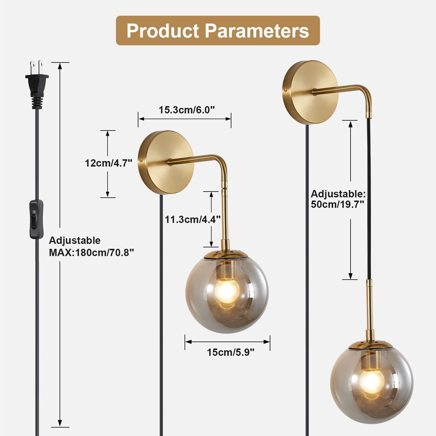 KCO Modern Globe Wall Sconce with Plug in Industrial Vintage Wall Lamp On/Off Switch Adjustable Minimalist 1-Light Mounted Reading Lamps for Bedroom Living Room Corridor(Smoke Gray & 2-Pack)