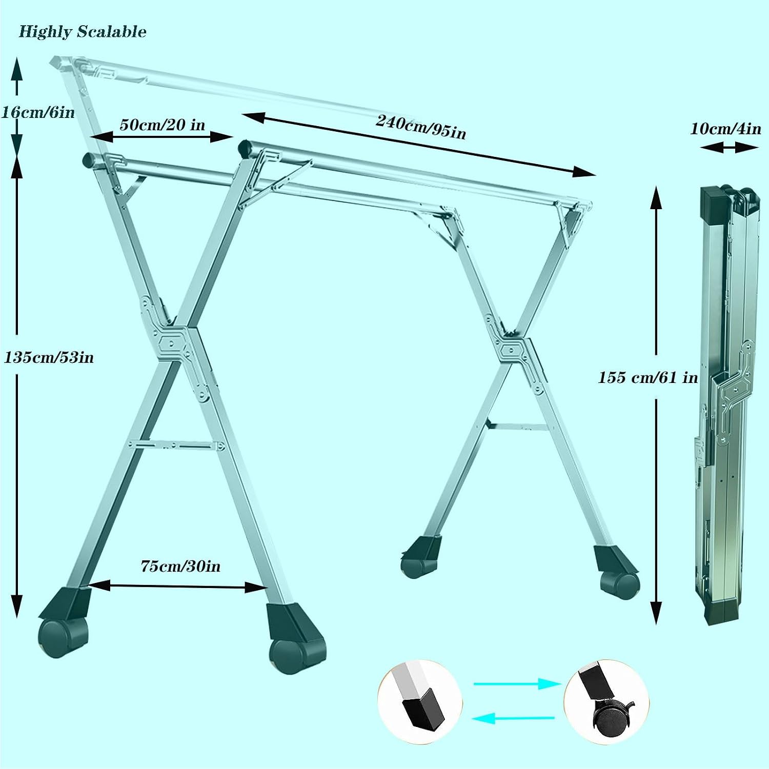 Stainless Steel Clothes Drying Rack,Clothes Dryer Rack Outdoor,Racks for Laundry Room,Clothes Drying Rack Folding Indoor,Garment Racks for Hanging Clothes with Wheels(240cm/94 in)