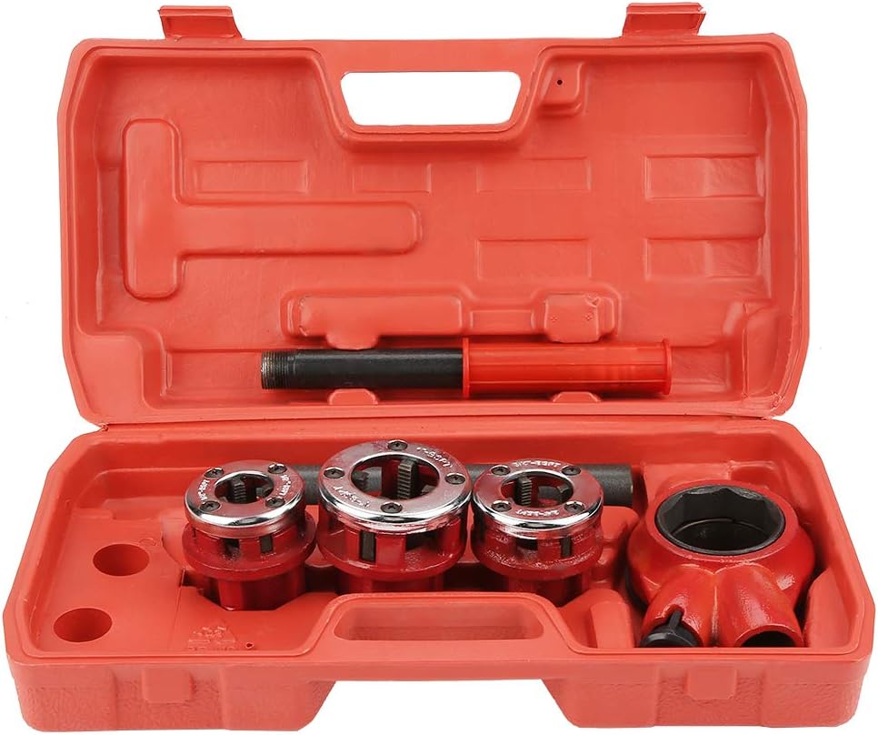 Manual Pipe Threader, Tap and Die Set, Plumber Pipe Cutting Kit, 0.5 0.75 1 1.25in Manual Thread Forming, Hand Tapping Tool Set, Plumbing Pipe Dies (Type 62A Three Heads)