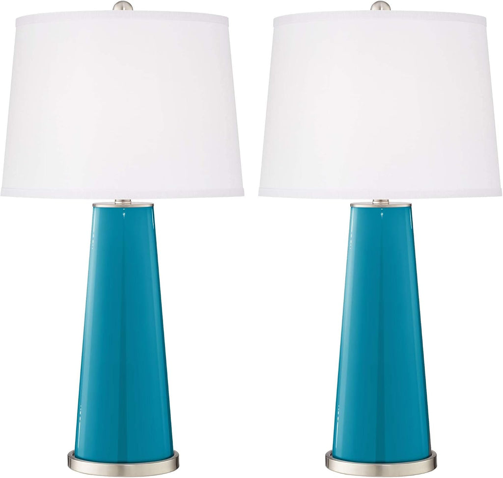 Color + Plus Leo Modern Table Lamps 29 1/2' Tall Set of 2 Caribbean Blue Sea Glass Tapered Column Plain White Drum Shade for Bedroom Living Room House Home Bedside Nightstand Office Family