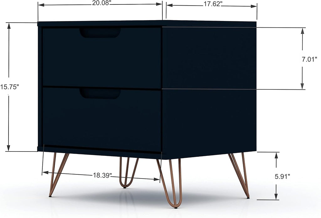 Manhattan Comfort Rockefeller Nightstands Set of 2, Mid Century Modern Bedside Table with Drawers, Minimalist Display and Storage Organizer, Ideal for Bedroom and Living Room, Blue