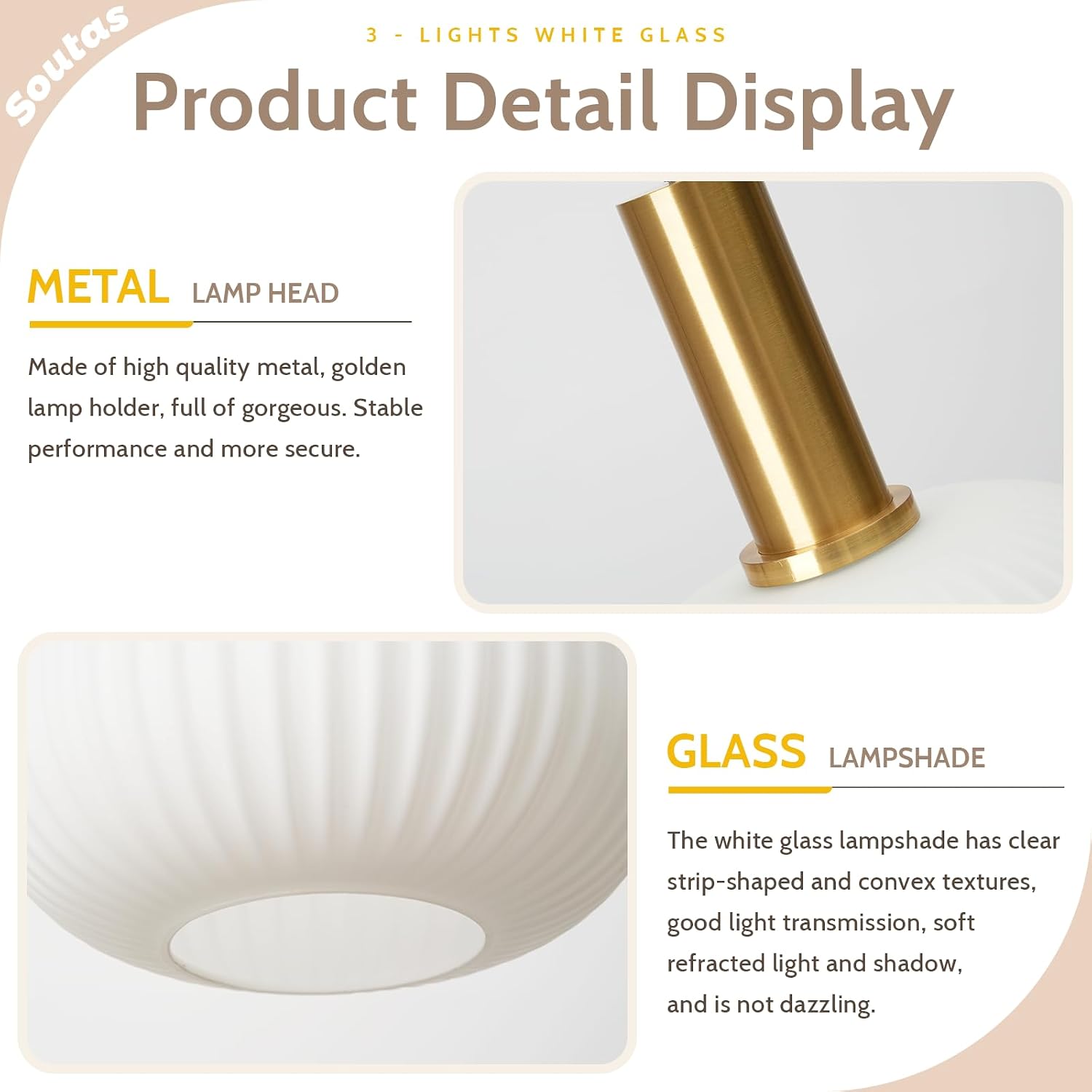 White Glass Pendant Light Fixtures 3-Light Cluster Ceiling Chandelier Milk Striped Globe Shade Adjustable Gold Hanging Light for Bedroom Kitchen Island