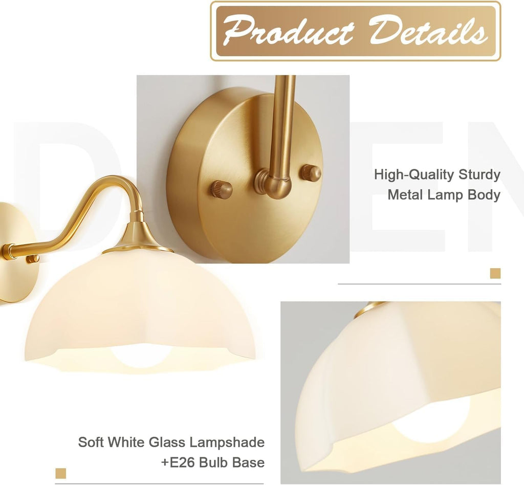 Gold Wall Sconce Set of 2 Mid Century Modern Wall Mount Light Hardwired Sconces Wall Lighting with Milky White Glass Shade Indoor Bedside Sconces Wall Lamp for Living Room Hallway MWL02-2A