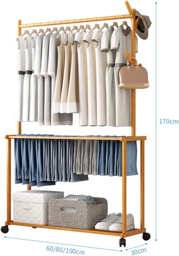 Large Bamboo Garment Rack, Hanging Shelves with Rollinge Wheels, Standing Clothes Storage Wardrobe/90 * 30 * 170Cm (90*30*170cm )
