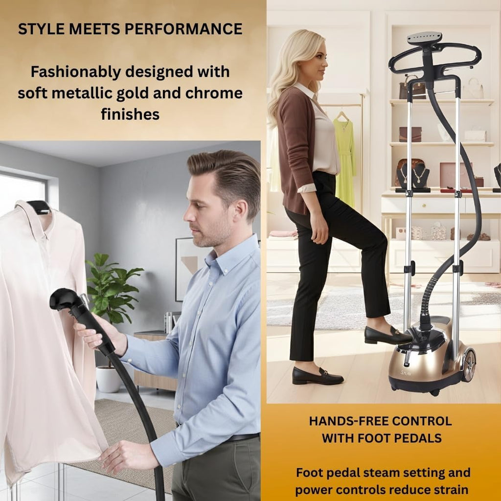 SALAV Professional Garment Steamer 1500W with Foot Pedal Control | 45s Fast Heat Up, 1.8L Tank, Up to 1 Hour Continuous Steam, Stainless Steel Nozzle & Wheels – Gold