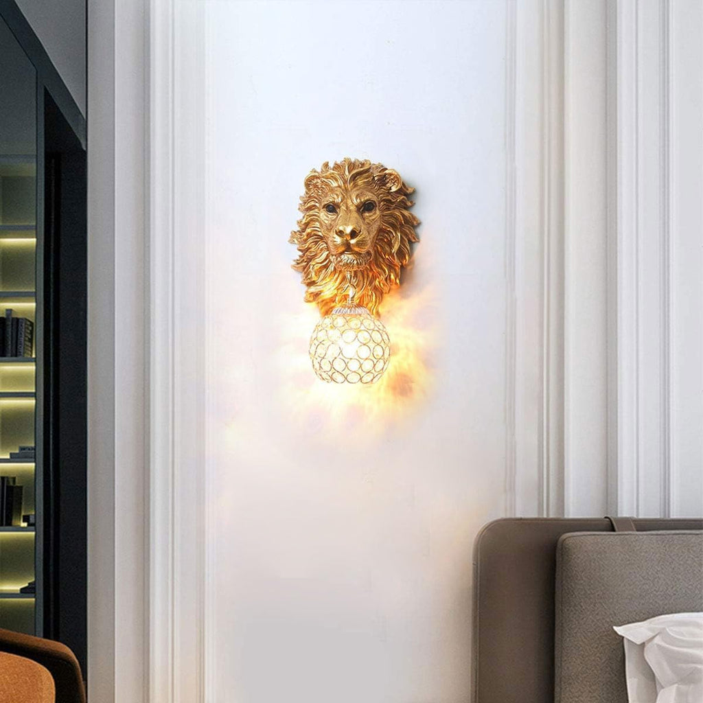 Gold Lion Head Wall Sconces Set of 2, Modern Luxury Crystal Globe Wall Lamp, Resin Animal Head Decorative Wall Mounted Light Fixtures for Living Room Bedroom Hallway Entryway