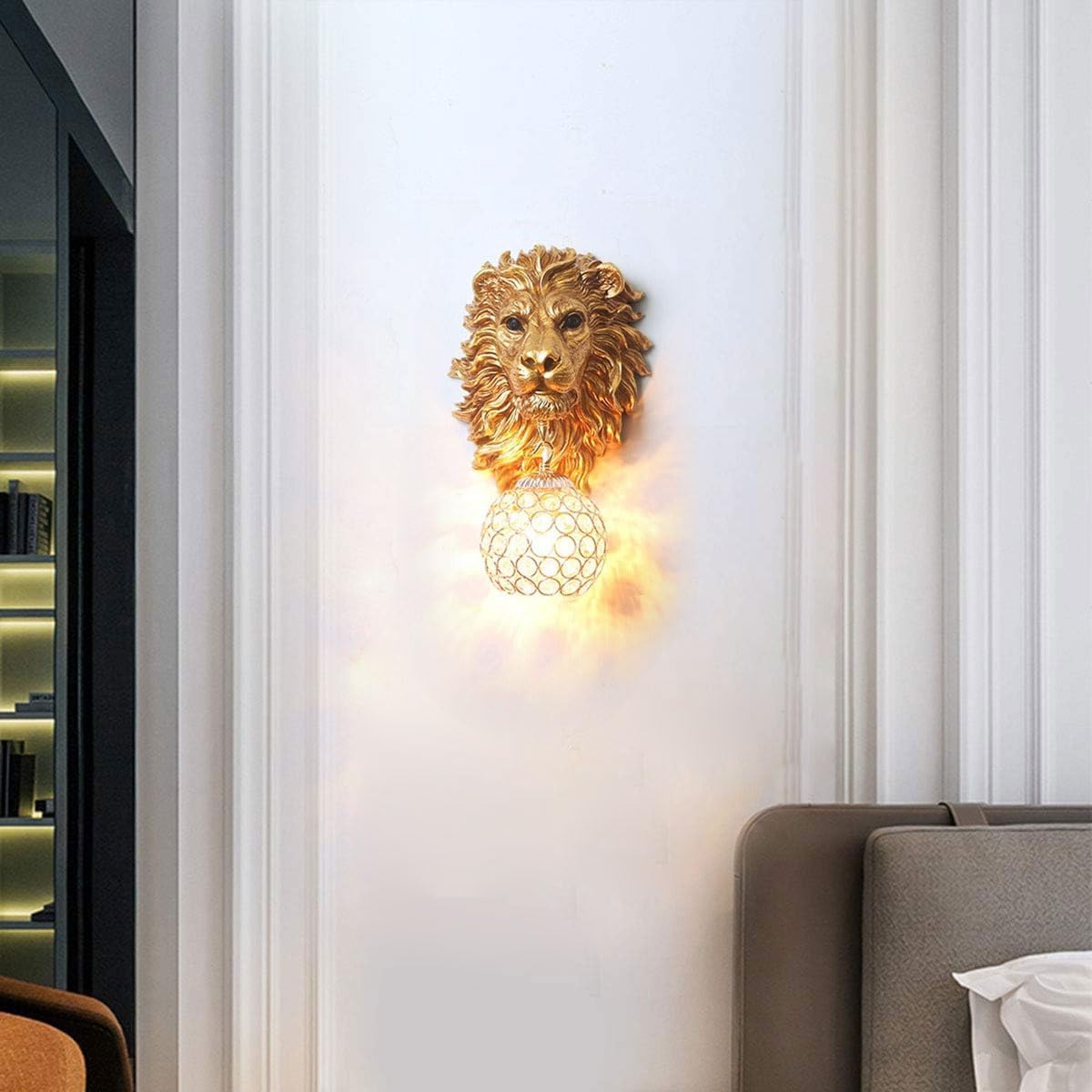 Gold Lion Head Wall Sconces Set of 2, Modern Luxury Crystal Globe Wall Lamp, Resin Animal Head Decorative Wall Mounted Light Fixtures for Living Room Bedroom Hallway Entryway