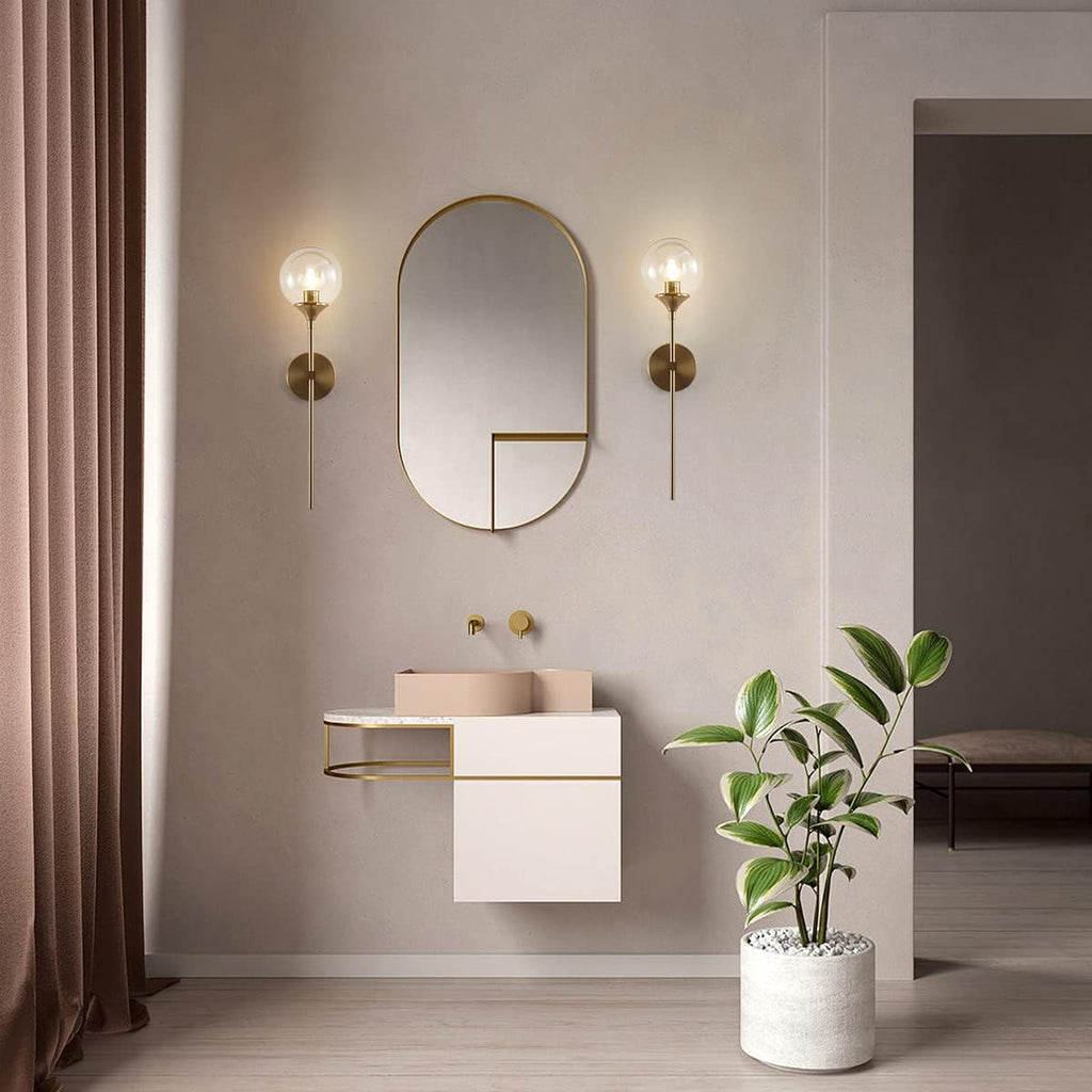 BOKT Brass Gold Wall Sconce Lighting Set of 2 Mid Century Modern Long Globe Wall Sconce Light Set of Two Amber Glass Bathroom Vanity Light Fixture Bedroom Wall Lamp (Amber)