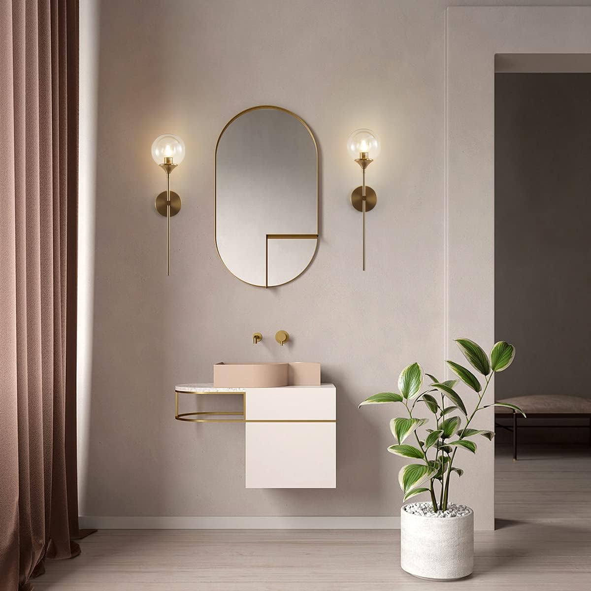 BOKT Brass Gold Wall Sconce Lighting Set of 2 Mid Century Modern Long Globe Wall Sconce Light Set of Two Amber Glass Bathroom Vanity Light Fixture Bedroom Wall Lamp (Amber)