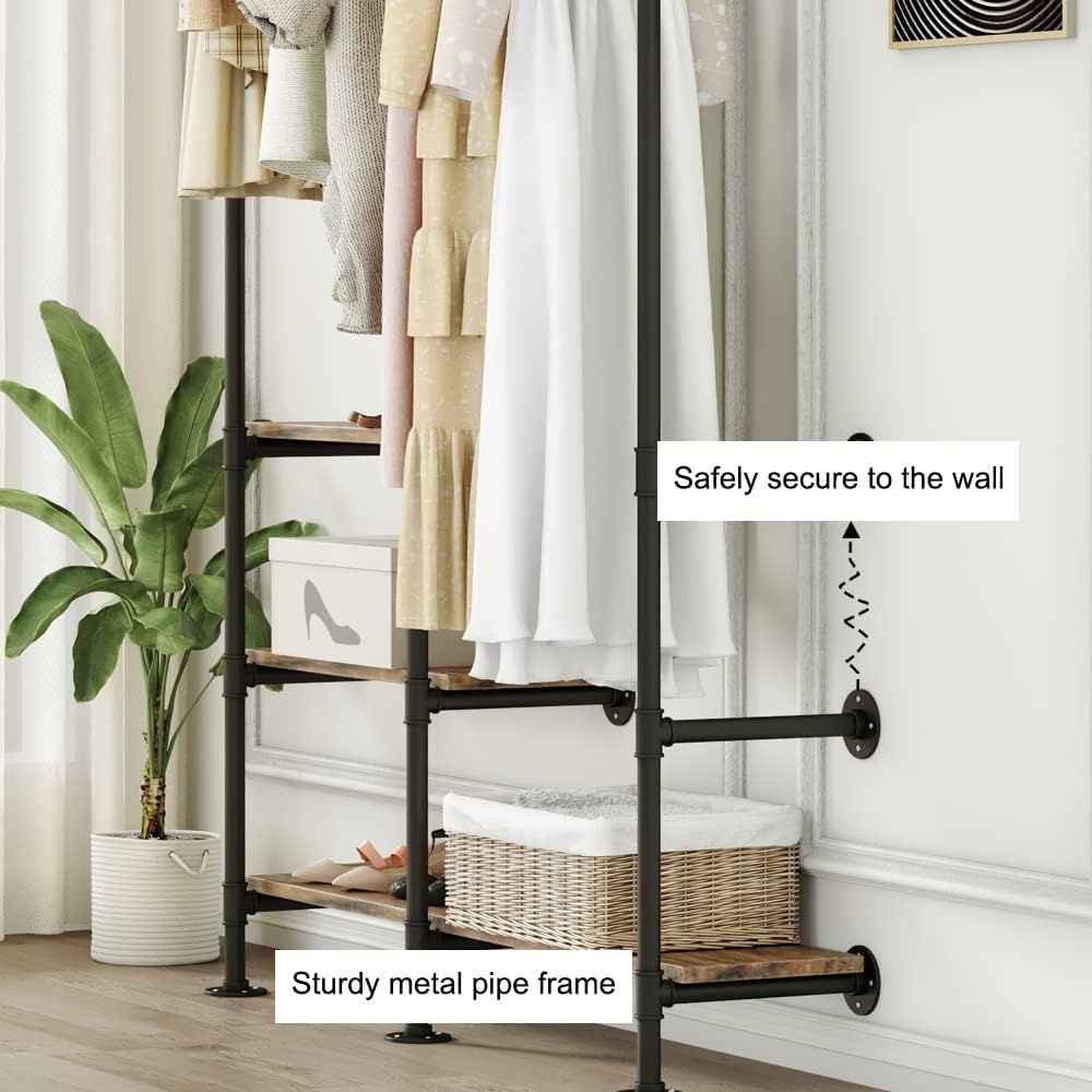 Industrial Pipe Clothing Rack with Shelves, Wall Mounted Garment Rack, Heavy Duty Choset Clothes Rack for Indoor Bedroom and as walk-in Closet System(Black)