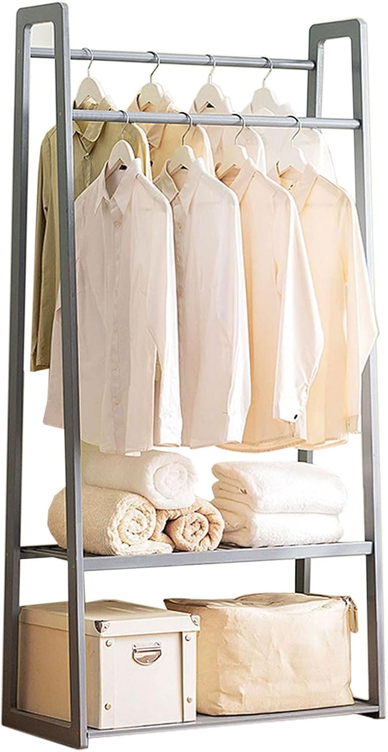 Portable Double Rod Bamboo Coat Rack, Freestanding Clothing Organizer with 2-Tier Storage Shelves, Stylish Bedroom Garment Rack for Efficient Clothes Hanging (B 80cm)