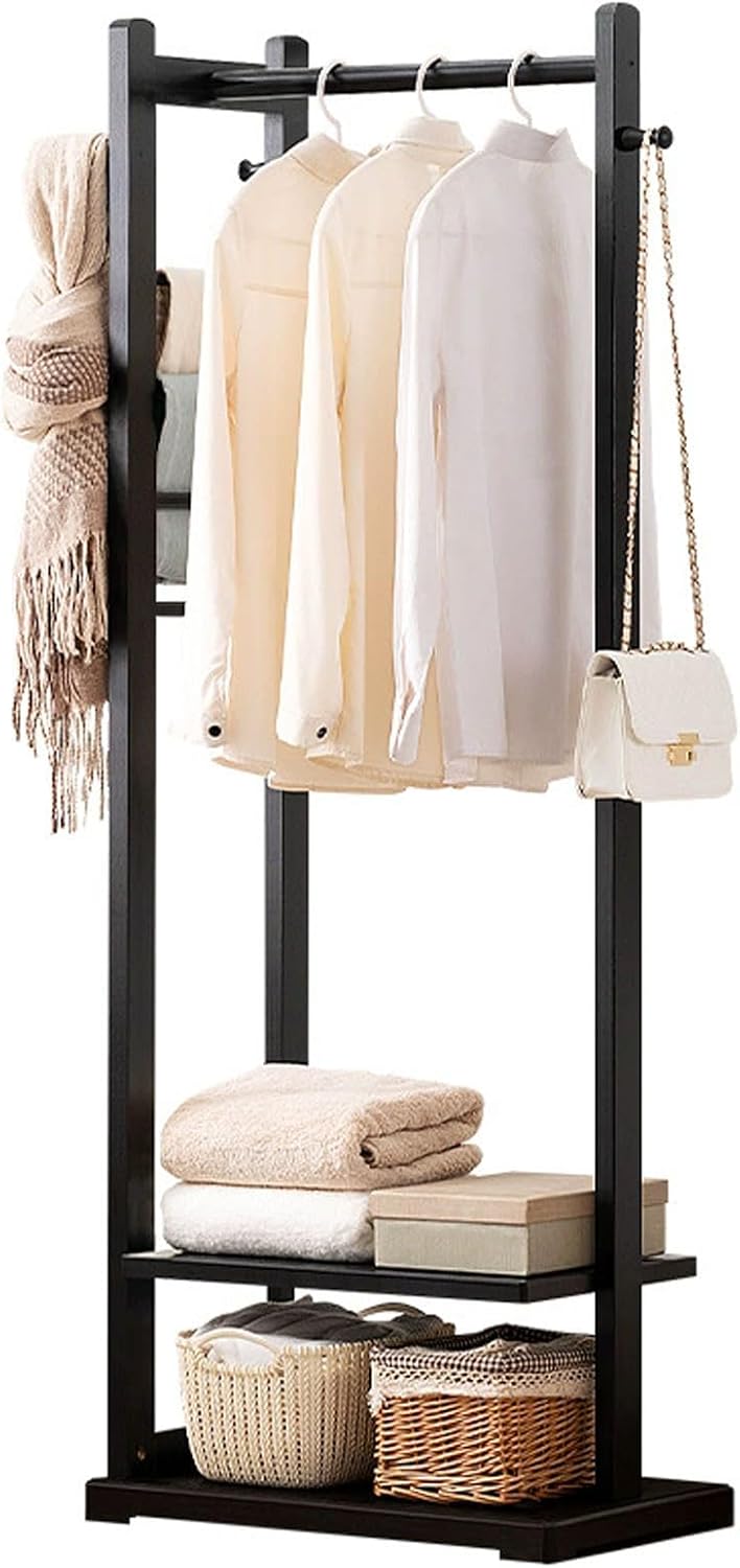 Bamboo Clothing Rack with Storage Shelves - Free-Standing Garment Rack with Side Hooks & Pants Holder, Stylish Hanging Clothes Organizer for Bedroom & Living Room