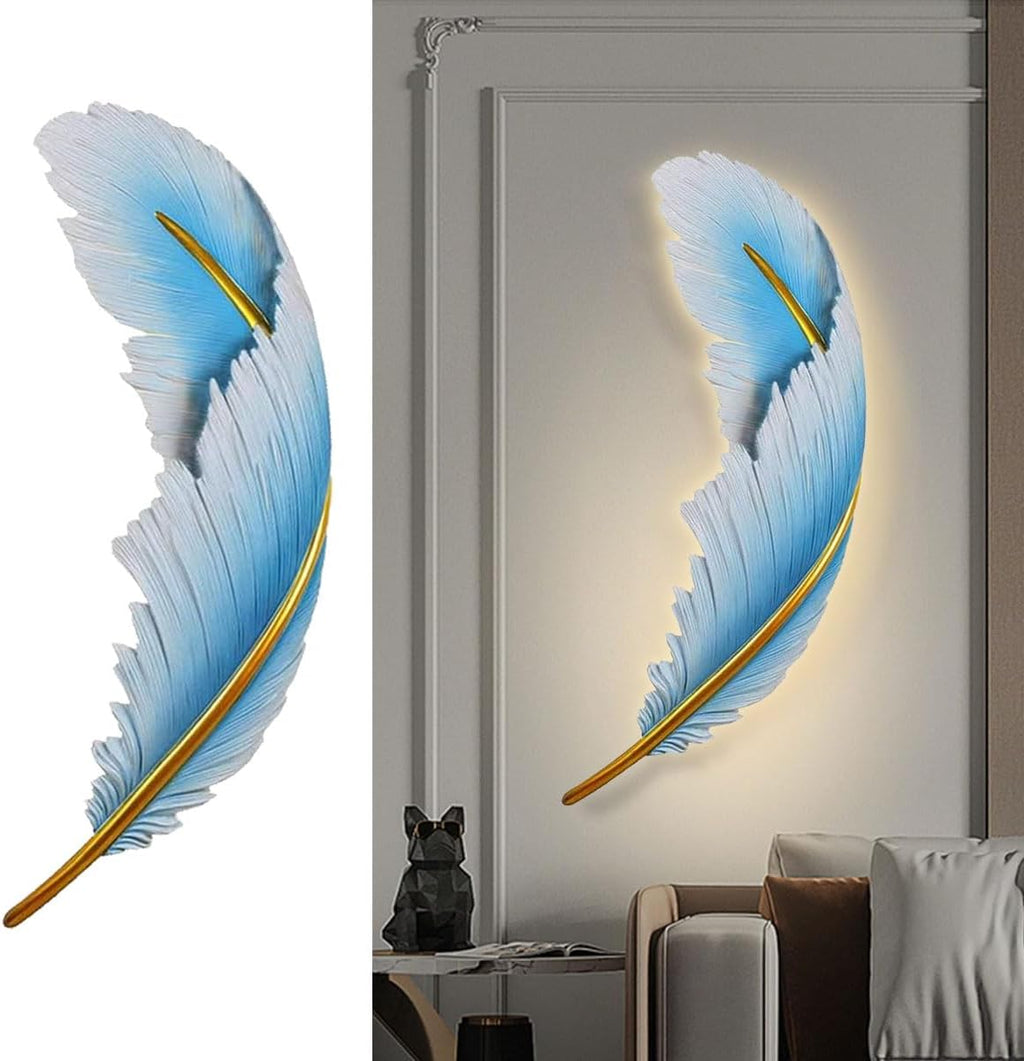 Art Deco Wall Light Modern led Wall Light Sconce Blue Feather Design 3000k-6000k Mid-Century Wall Lights Feather lamp Dimmable Sconce for Bedroom Living Room Dining Room Hallway