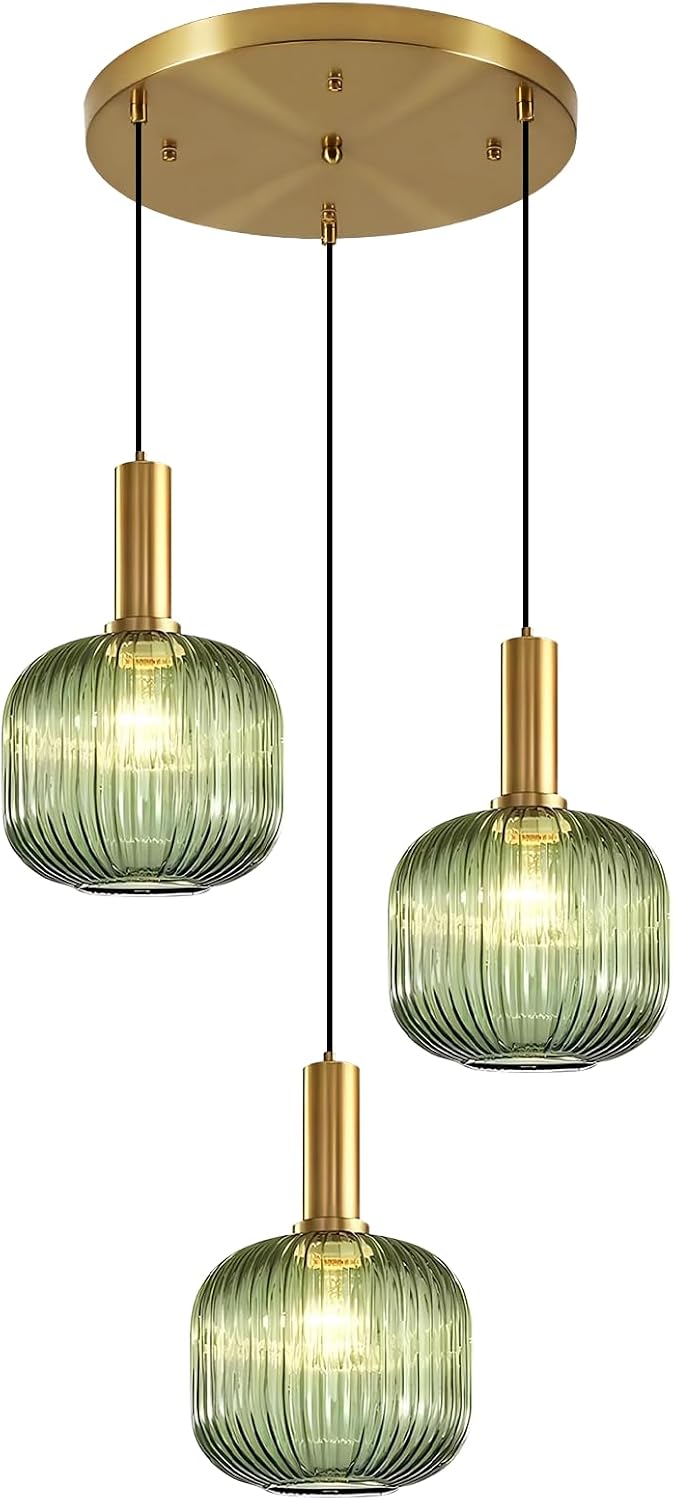 3-Light Dining Room Chandelier Lighting Green Glass Cluster Ceiling Light with Gold Metal Accent, Mid Century Vintage Chandelier for Farmhouse Stairwell Kitchen Island