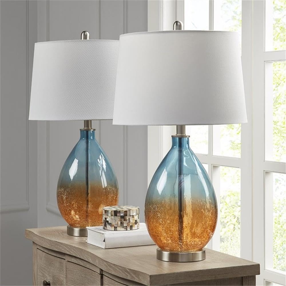 Pemberly Row Set of 2 Contemporary Table Lamps, 26 in Tall, Glass and Fabric, Blue with White Drum Shades, Metal Accents, Ideal for Living Room or Bedroom Lighting